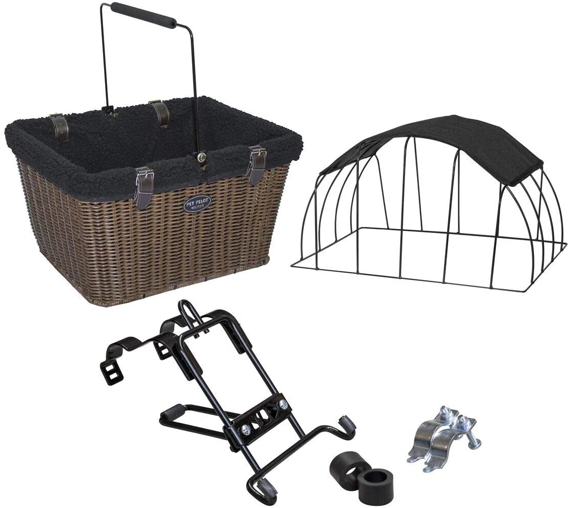 Travelin K9 Pet-Pilot MAX Wicker Bike Basket for Dogs/Cats - Includes Wire Cage Top w/ Sun Shade + plush removable padded liner
