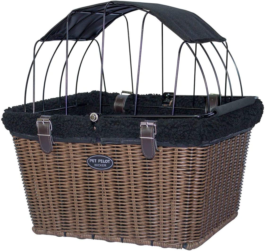 Travelin K9 Pet-Pilot MAX Wicker Bike Basket for Dogs/Cats - Includes Wire Cage Top w/ Sun Shade + plush removable padded liner