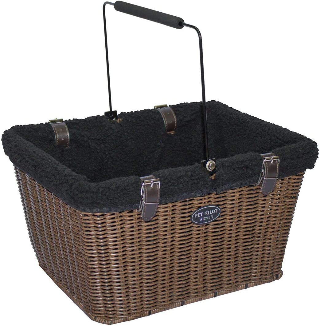 Travelin K9 Pet-Pilot MAX Wicker Bike Basket for Dogs/Cats - Includes Wire Cage Top w/ Sun Shade + plush removable padded liner