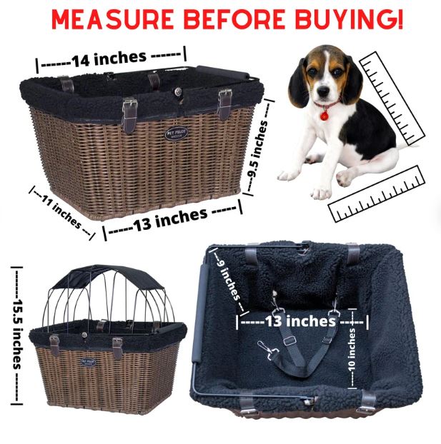 Travelin K9 Pet-Pilot MAX Wicker Bike Basket for Dogs/Cats - Includes Wire Cage Top w/ Sun Shade + plush removable padded liner