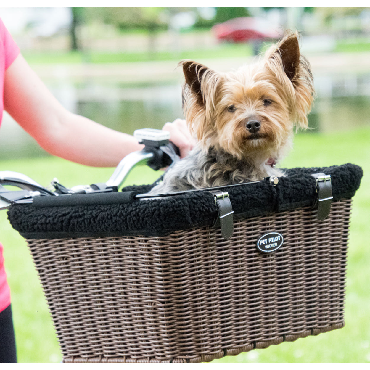Travelin K9 Pet-Pilot MAX Wicker Bike Basket for Dogs/Cats - Includes Wire Cage Top w/ Sun Shade + plush removable padded liner