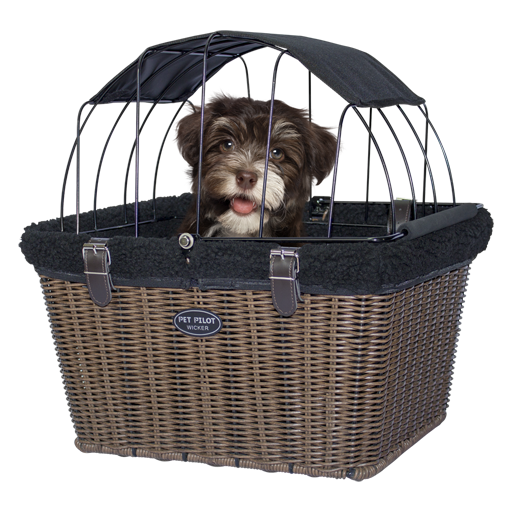 Travelin K9 Pet-Pilot MAX Wicker Bike Basket for Dogs/Cats - Includes Wire Cage Top w/ Sun Shade + plush removable padded liner